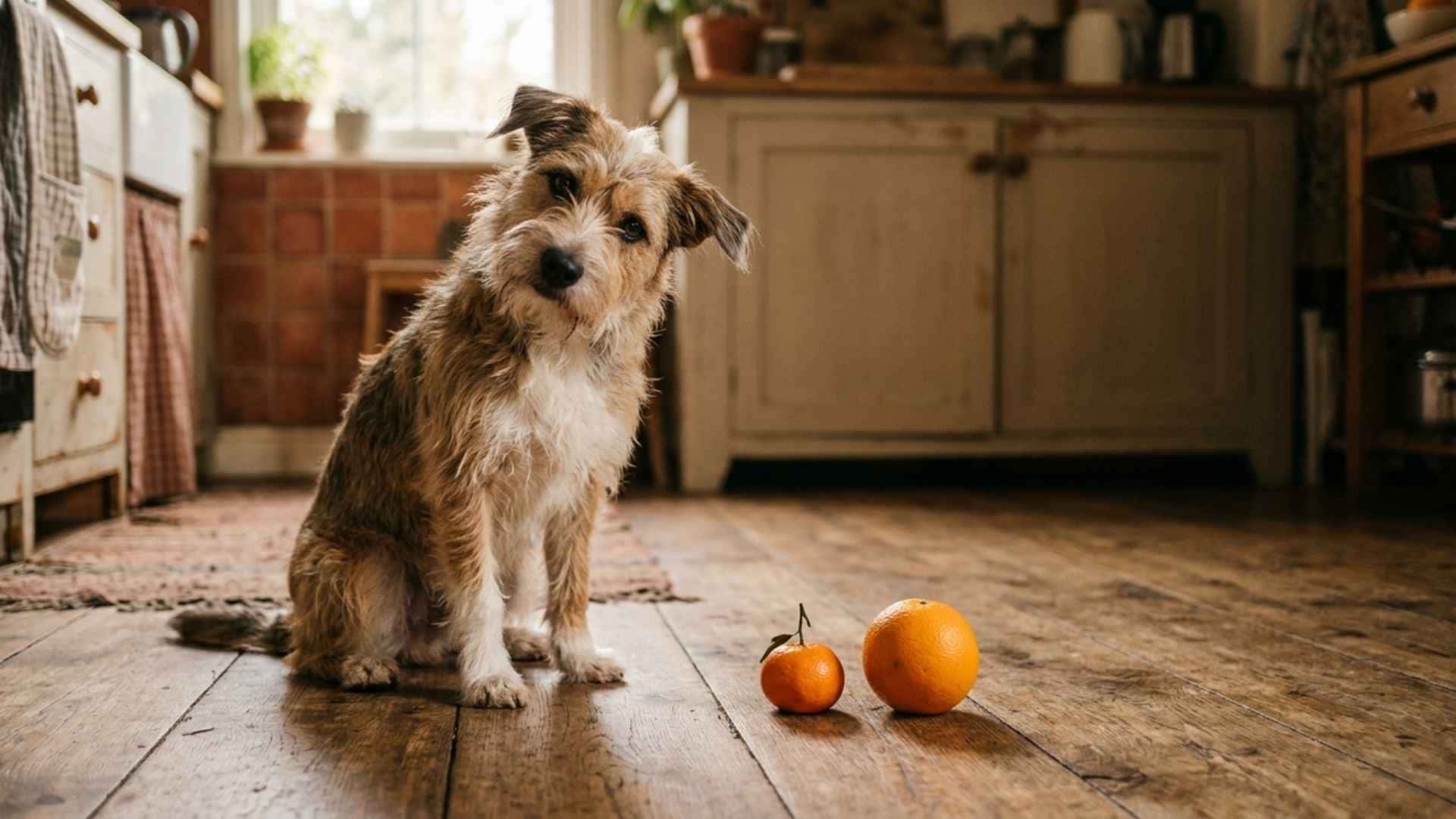 Perro junto a una naranja y una mandarina